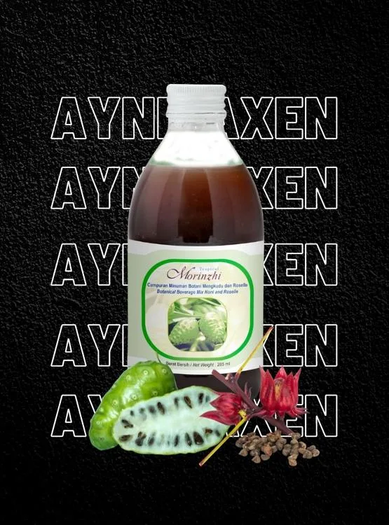 Morinzhi DXN, noni bebida botánico, presentado en una botella de vidrio, fruta de noni con hojas de noni.