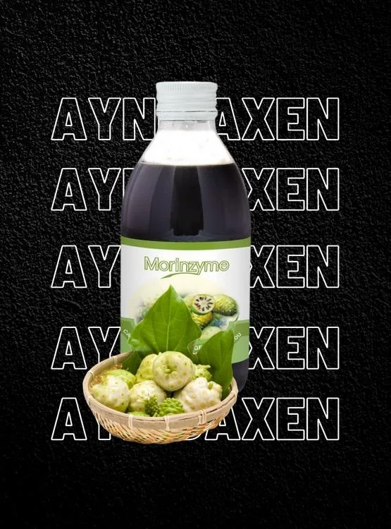 MORINZYME DXN, noni bebida botánico, presentado en una botella de vidrio, fruta de noni con hojas de noni.