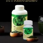 pomo de Tabletas de Spirulina de DXN en dos tamaños con una cuchara de spirulina en polvo.