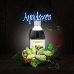 noni bebida botánico, presentado en una botella de vidrio, fruta de noni con hojas de noni.