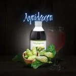 noni bebida botánico, presentado en una botella de vidrio, fruta de noni con hojas de noni.