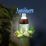 noni bebida botánico, presentado en una botella de vidrio, fruta de noni con hojas de noni.
