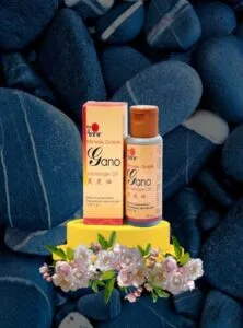 Gano Massage Oil presentación en caja y el pomo que lo contiene