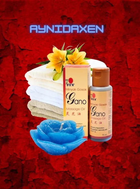 Gano Massage Oil DXN única presentación en caja y el pomo que lo contiene.