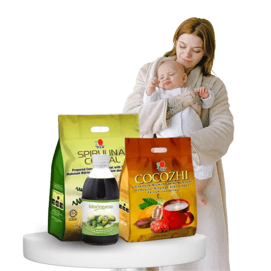 cocozhi y spirulina DXN, noni ferementado y una mamá