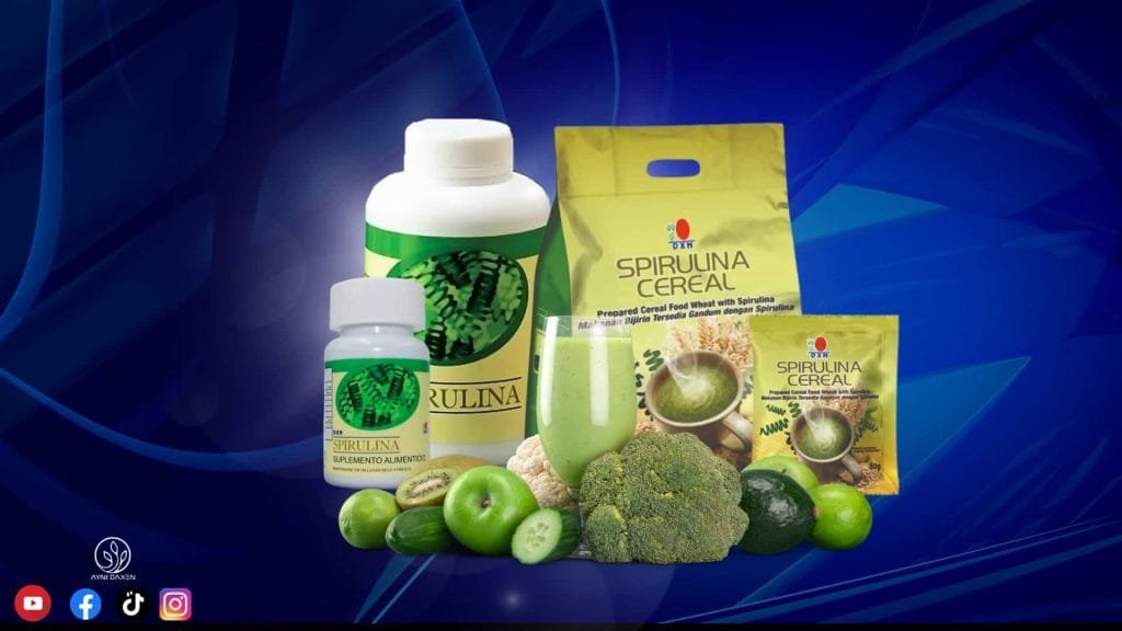 Spirulina cereal sobre y paquete sellado con tabletas e Spirulina de 120 y la de 500  ¿Qué es la espirulina?