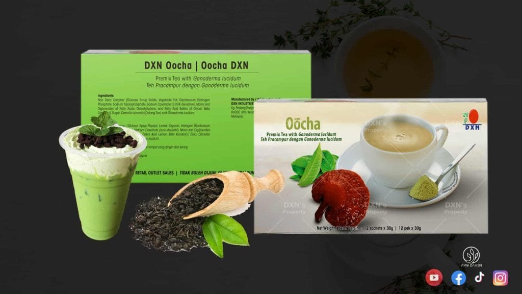 DXN Oocha en la caja más un vaso de té, con hojas de te Oolong.