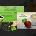 DXN Oocha en la caja más un vaso de té, con hojas de te Oolong.