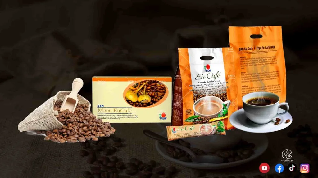 MACA EUCAFÉ de DXN EUCAFÉ de DXN, café en grano y líquido