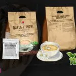 Ootea Lingzhi Coffee Mix 3 en 1 Lite paquete sellado dos caras del café con un sobre de muestra y una taza de café