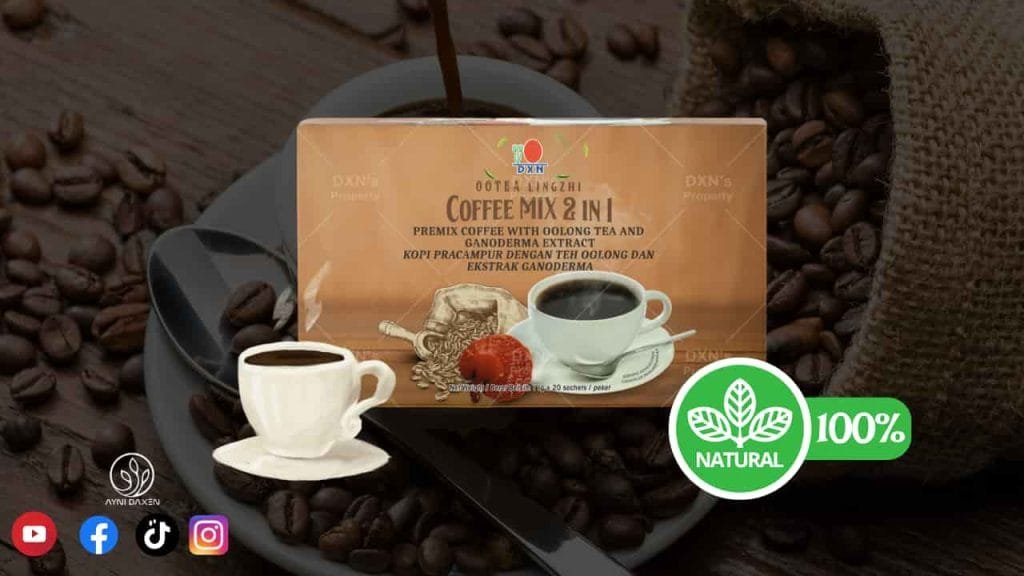 Ootea Lingzhi Coffee Mix 2 en 1 caja sellada con una taza de café