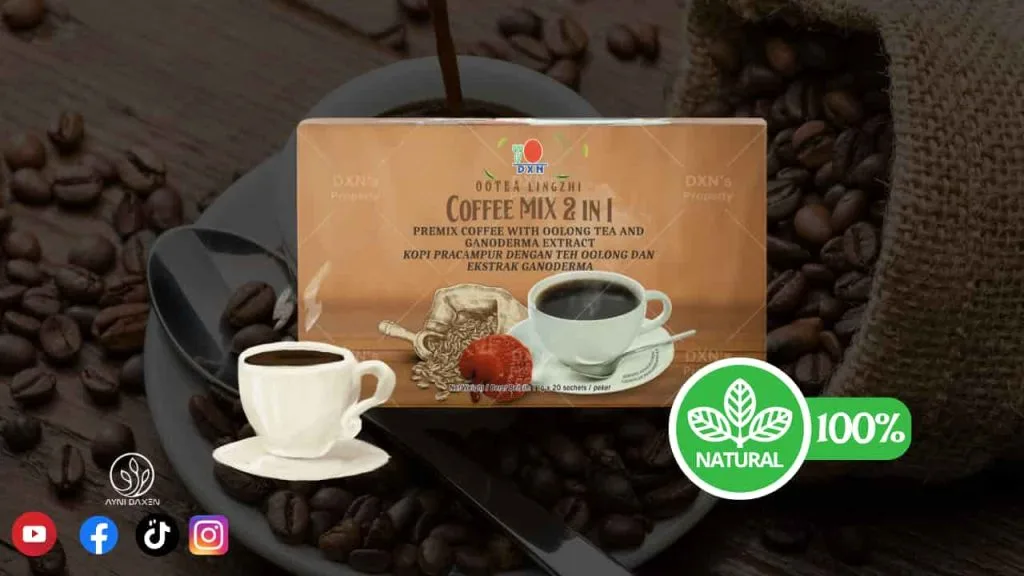 Ootea Lingzhi Coffee Mix 2 en 1 caja sellada con una taza de café