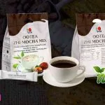 Ootea Zhi Mocha Mix paquete ambas caras con una taza.