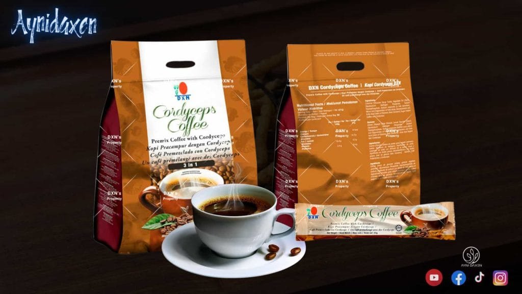 Cordyceps Coffee 3 in 1 paquetes sellado de adelante y atraz con un sobre por unidad. con una taza de café.