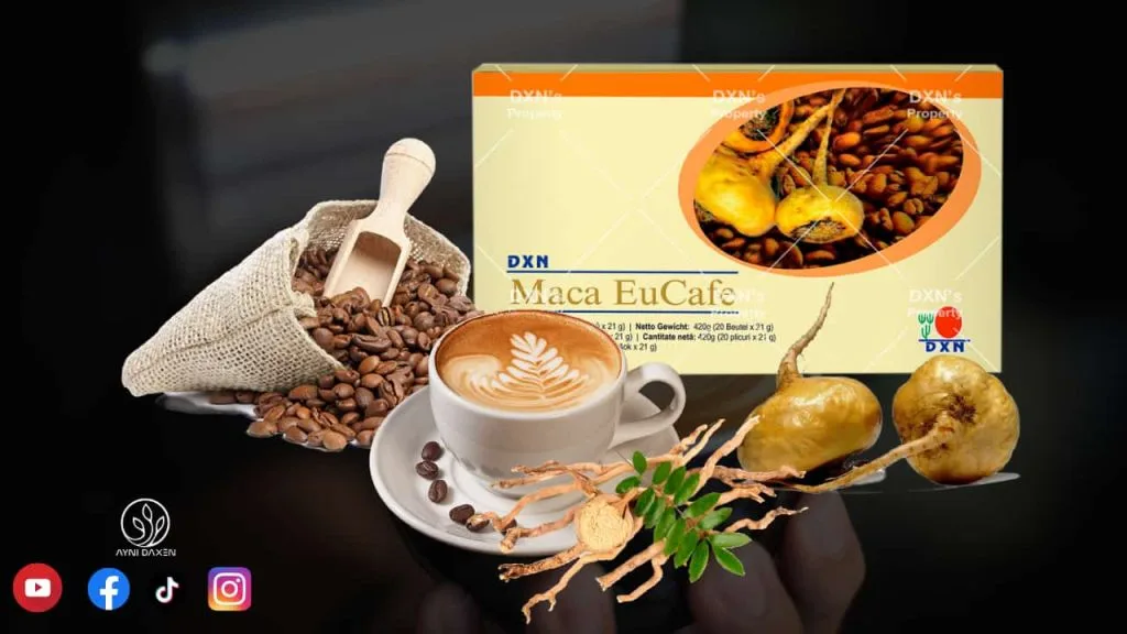 MACA EUCAFÉ de DXN maca, café en grano y en líquido.