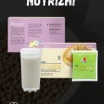 NutriZhi en caja y en sobre por unidad, vaso de leche de soya.