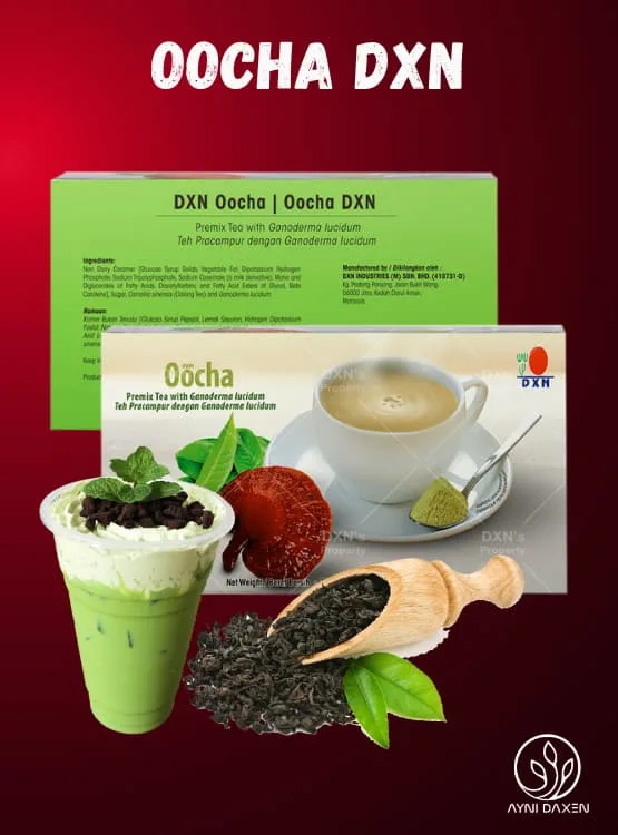 DXN Oocha en la caja más un vaso de té, con hojas de te Oolong.