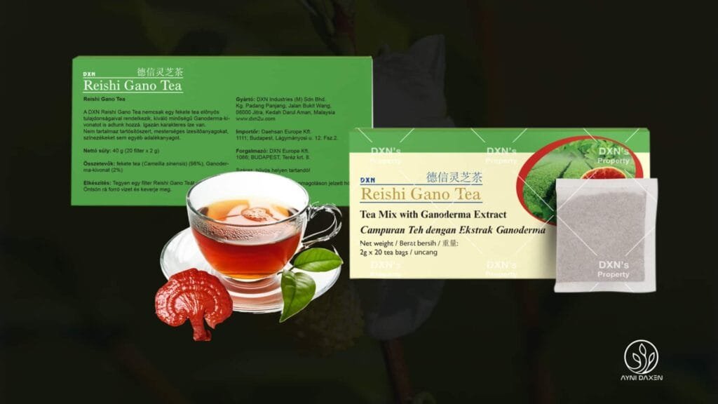 Reishi Gano Tea de DXN en presentación de caja con una taza de té y te de Camellia Sinensis