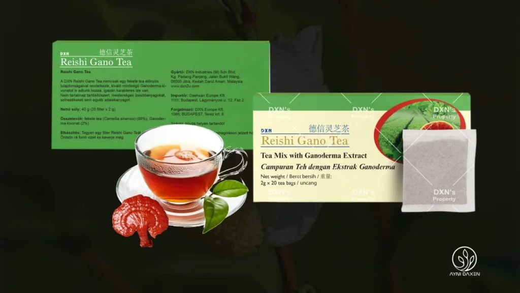 Reishi Gano Tea de DXN en presentación de caja con una taza de té y te de Camellia Sinensis