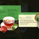 Reishi Gano Tea de DXN en presentación de caja con una taza de té y te de Camellia Sinensis