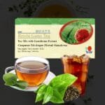 Reishi Gano Tea de DXN en presentación de caja con una taza de té más un vaso de té y te de Camellia Sinensis
