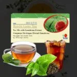 Reishi Gano Tea de DXN en presentación de caja con una taza de té más un vaso de té y te de Camellia Sinensis