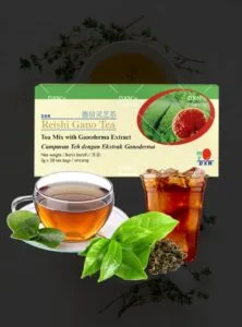 Reishi Gano Tea DXN en presentación de caja con una taza de té más un vaso de té y te de Camellia Sinensis