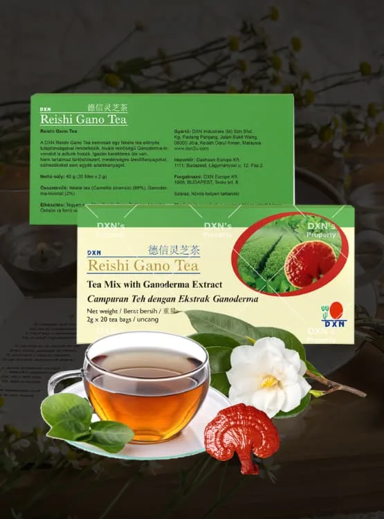Reishi Gano Tea DXN en presentación de caja con una taza de té y te de Camellia Sinensis