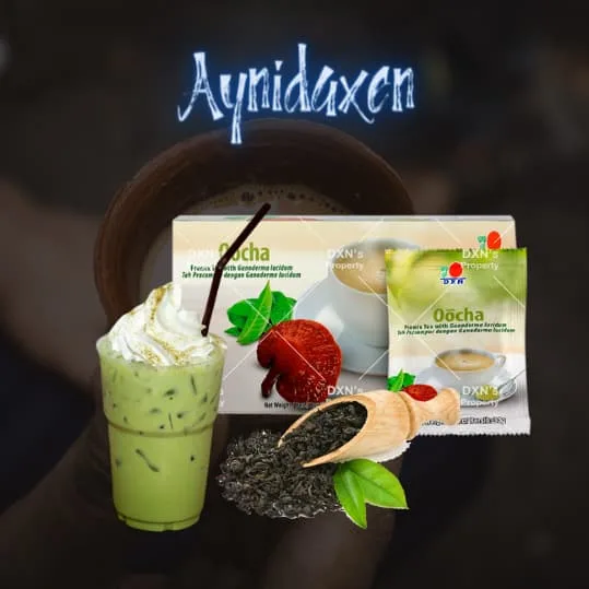 caja de OOcha de DXN con un vaso de té preparado con té Oolong