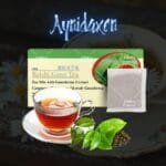 Reishi Gano Tea de DXN en presentación de caja con una taza de té más un vaso de té y te de Camellia Sinensis