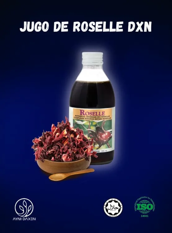 Jugo de Roselle DXN presentación de botella más flor de Jamaica