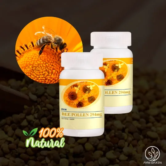 pomo presentación de 120 tabletas de 294 mg de color blanco presentación pomo de BEE POLLEN DXN. Con una abeja.