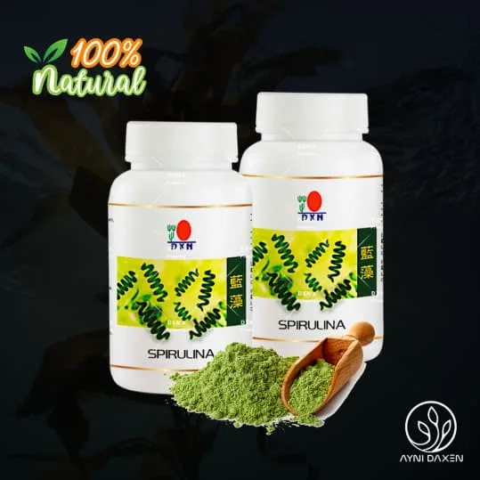 cápsulas de Espirulina de DXN presentación en pomo. con polvo de espirulina