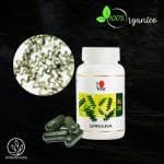 cápsulas de Espirulina de DXN presentación en pomo. con las cápsulas y la espirulina en microscopio