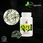 cápsulas de Espirulina de DXN presentación en pomo. con las cápsulas y la espirulina en microscopio