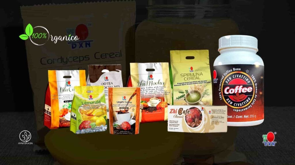 café, chocolate, té, todos enriquecidos con Ganoderma, spirulina, melena de leon. Alimentos naturales DXN