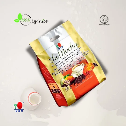 bolsa sellada de Zhimocha de DXN con cacao y granos de café.