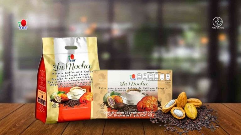 bolsa sellada de Zhimocha de DXN con cacao y granos de café.