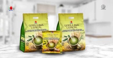 Spirulina Cereal en presentación de 30 sobres, sobres pequeños de Spirulina.