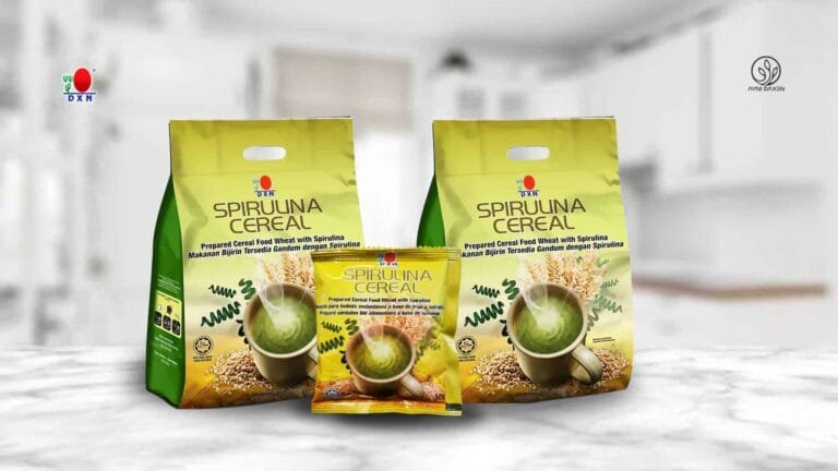 Spirulina Cereal en presentación de 30 sobres, sobres pequeños de Spirulina.