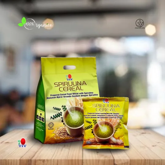 Spirulina Cereal DXN en presentación de 30 sobres, sobres pequeños de Spirulina.