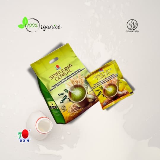 Spirulina Cereal en presentación de 30 sobres, sobres pequeños de Spirulina.