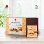 Cordyceps Cereal DXN representada en una caja y por sobres con cacao y el hongo oruga Cordyceps.