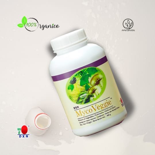 MYCOVEGGIE DXN PRESENTACIÓN EN POMO GRANDE BLANCO CON ETIQUETA DE SUS COMPONENTES QUE TIENE.