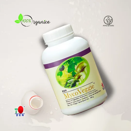 MYCOVEGGIE DXN PRESENTACIÓN EN POMO GRANDE BLANCO CON ETIQUETA DE SUS COMPONENTES QUE TIENE.